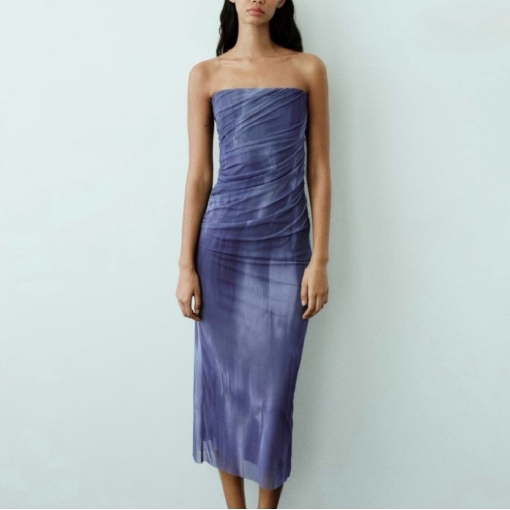 Zara Strapless Blue Mesh Cinch Bodycon Midi Dress Size XS NWT